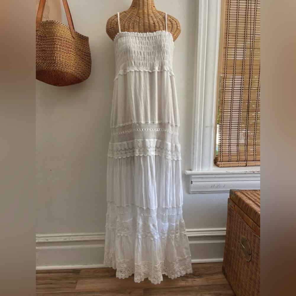 Earthbound White Cotton and Crochet Prairie
Whimsical Boho Dress Large